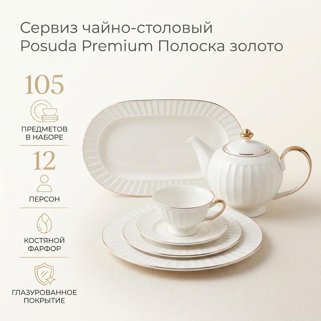 Сервиз на 12 персон Posuda Premium Полоски, предметов: 105, чайно-столовый, костяной фарфор