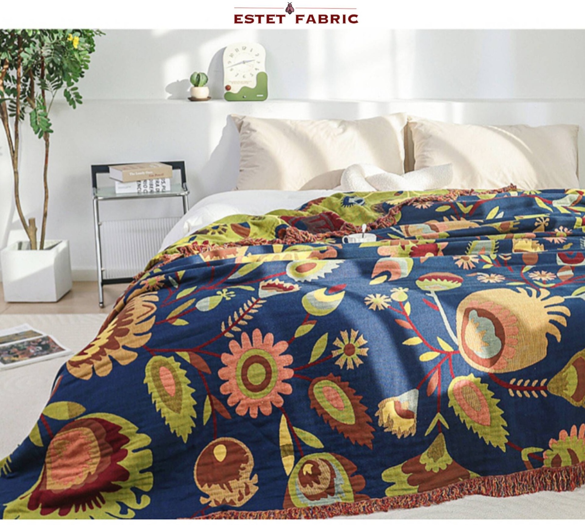 Плед Estet fabric Цветы 200х230 см, хлопок, муслин, зеленый, синий, белый