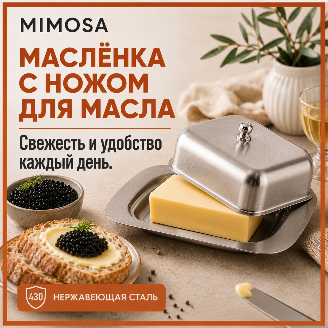 Mimosa масленка Настольная для масла и сыра с крышей металлическая овальная 1 шт, нержавеющая сталь