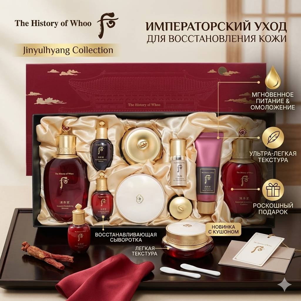 The History of Whoo Премиальный антивозрастной набор косметики Jinyulhyang 9 предметов набор по уходу за лицом унисекс