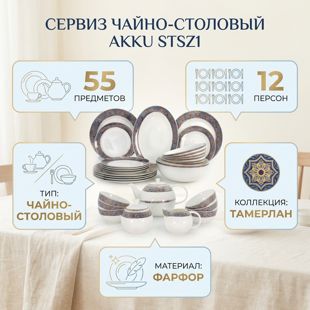 Сервиз на 12 персон АККУ Тамерлан, предметов: 55, чайно-столовый, фарфор