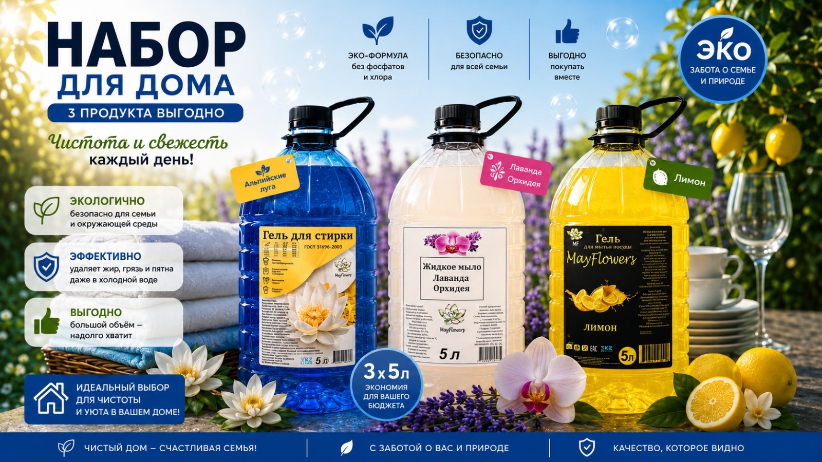 May flowers Набор для дома 3 в 1 : стирка, посуда и жидкое мыло для стирки, для мытья рук, для посуды