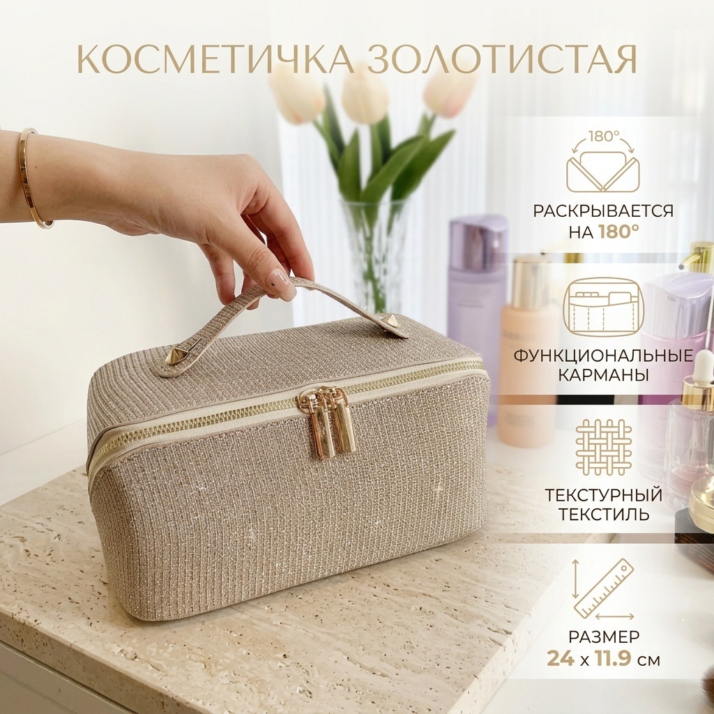 Косметичка текстиль золотистый 11.9X24 см