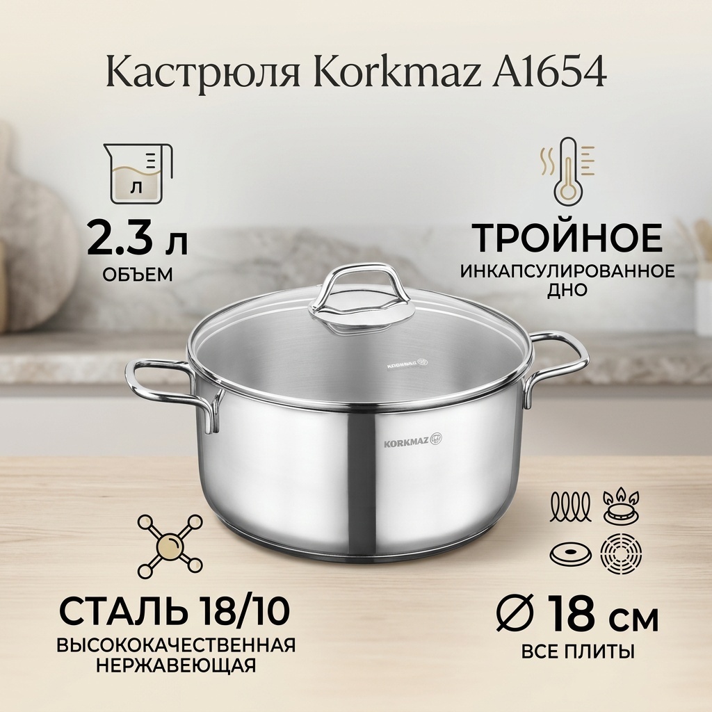 Кастрюля 2.3 л, Korkmaz A1654 нержавеющая сталь