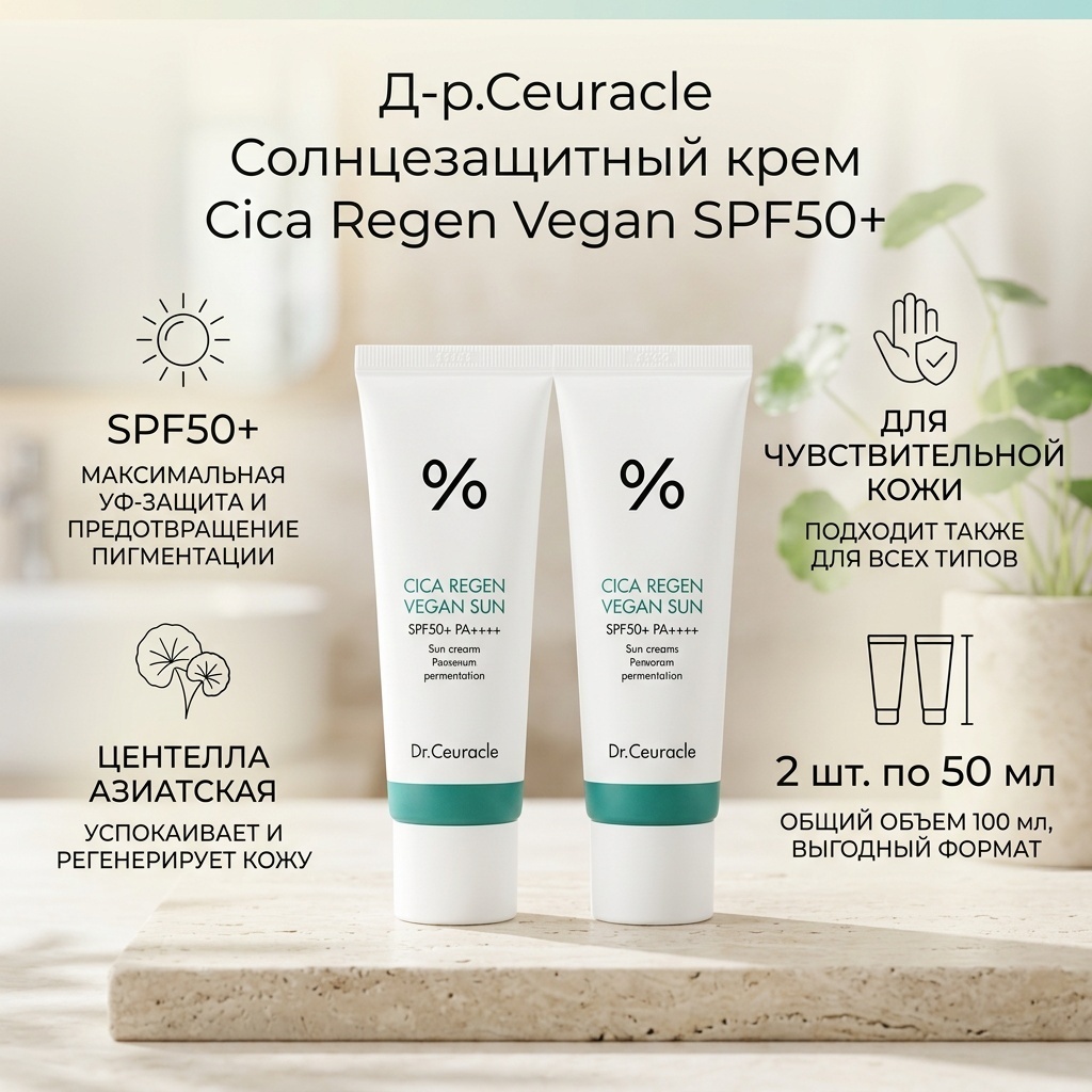 Dr.Ceuracle крем Cica Regen Vegan SPF50 для лица 2 шт по 50 мл