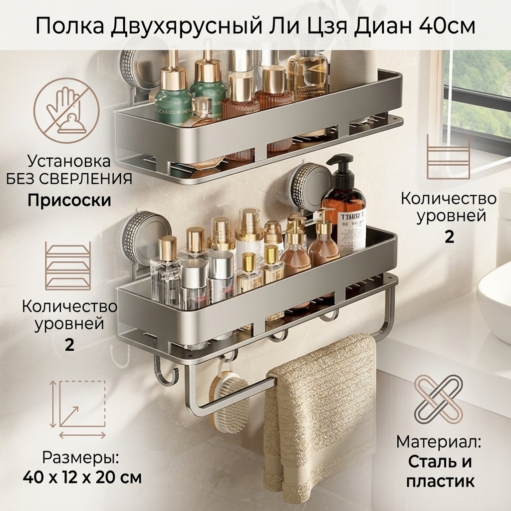 Полка Двухярусный подвесной вешалка для ванной или кухни с приёмниками, не требующая сверления и подвижная 2 шт, пластик, сталь