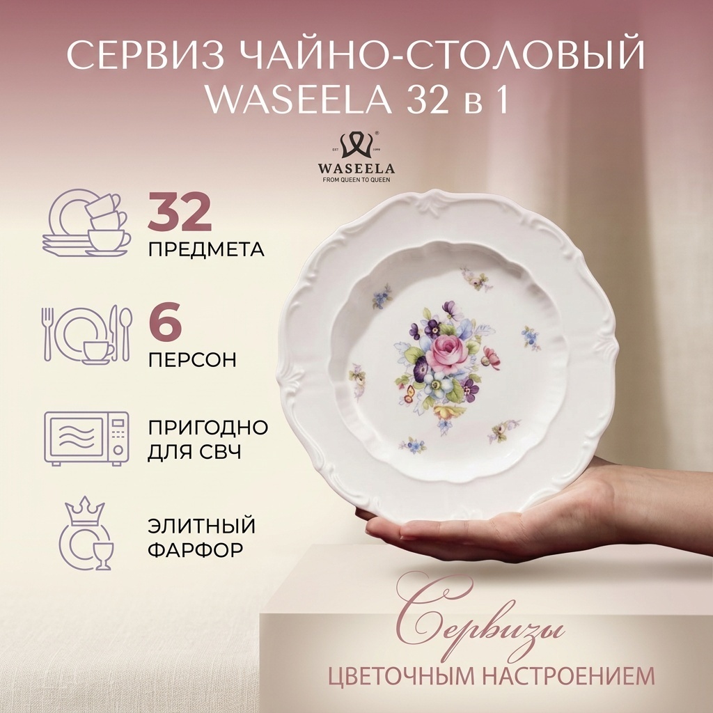 Сервиз на 6 персон WASEELA цветочный, предметов: 32, чайно-столовый, фарфор