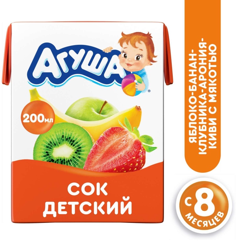 АГУША СОК С МЯКОТЬЮ ЯБЛОКО/БАНАН/КЛУБНИКА/АРОНИЯ/КИВИ 0.2Л