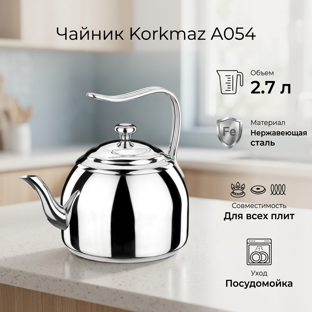 Korkmaz чайник A054 2.7 л, нержавеющая сталь