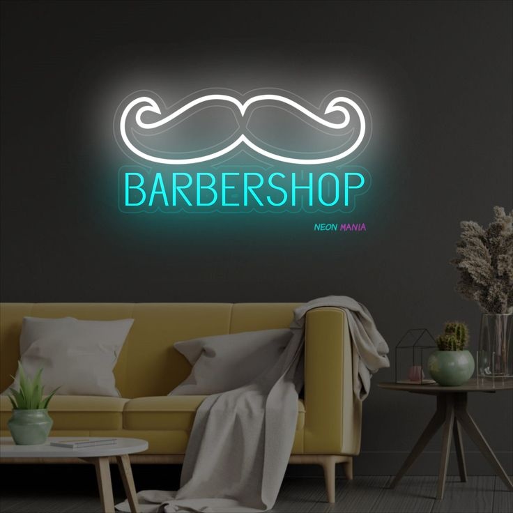 Неоновая вывеска настольный Barbershop, холодный белый, голубой