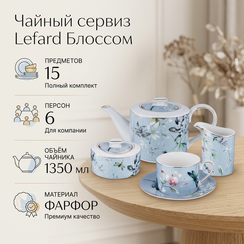Сервиз на 6 персон Lefard Блоссом, предметов: 15, чайный, фарфор