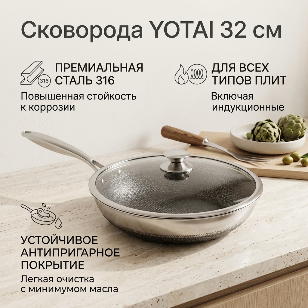 Сковорода YOTAI 32 см с антипригарным покрытием, нержавеющая сталь