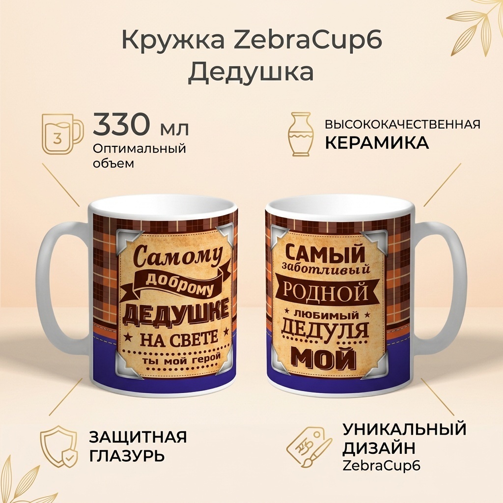 Кружка «Самому доброму дедушке на свете ты мой герой», 330 мл, керамика, 1 шт.