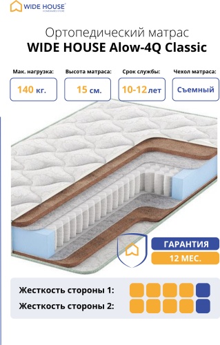 Матрас WIDE HOUSE Alow-4Q Classic, 120x220x15 см