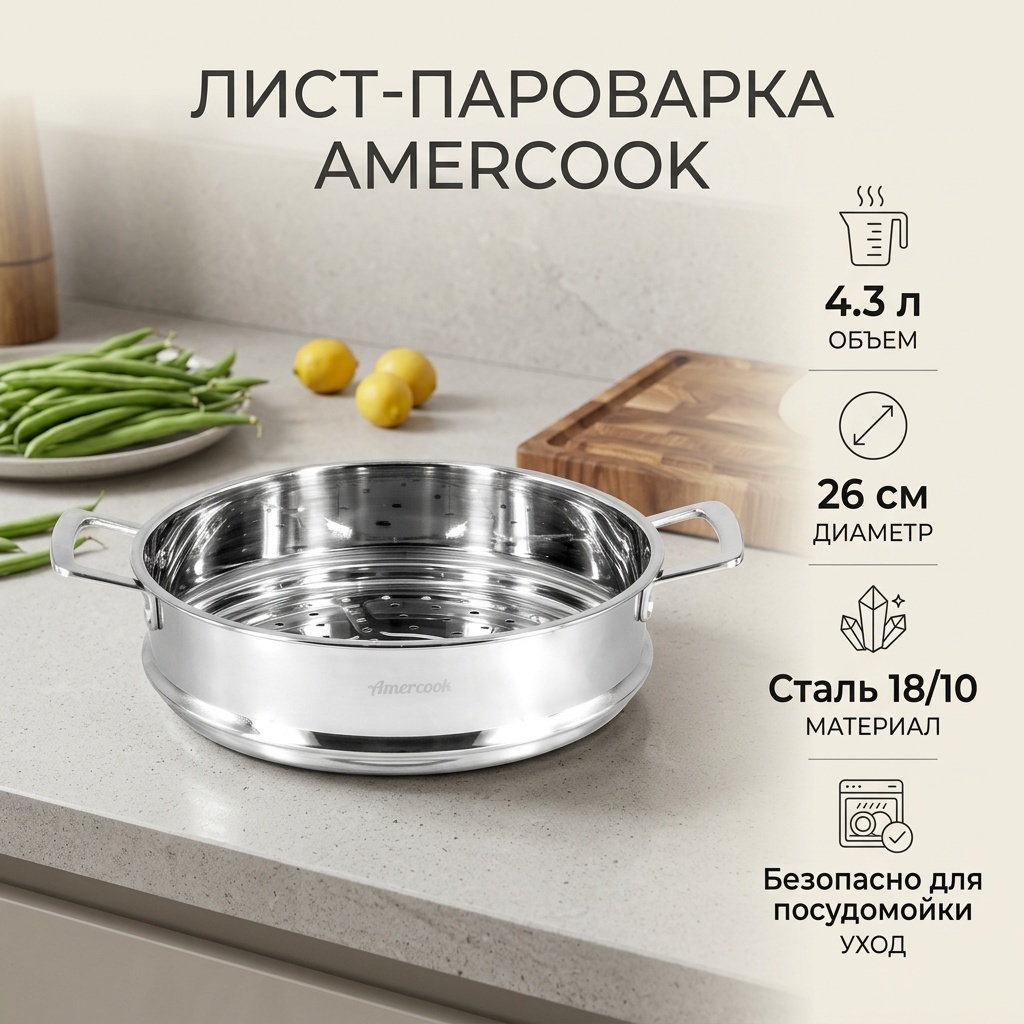 Пароварка 4.3 л, Amercook Stainless steel 18/10 нержавеющая сталь, количество ярусов: 1