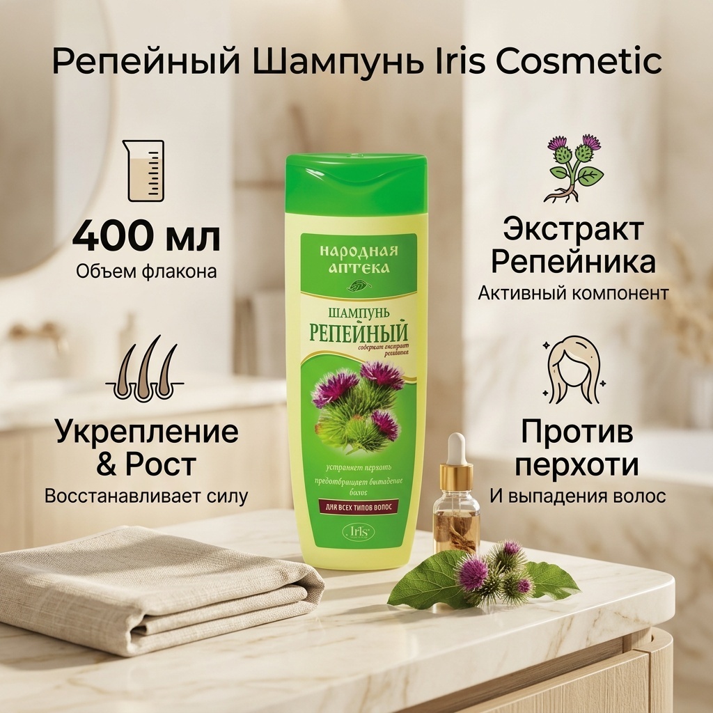 Iris cosmetic Народная аптека репейный шампунь 400 мл