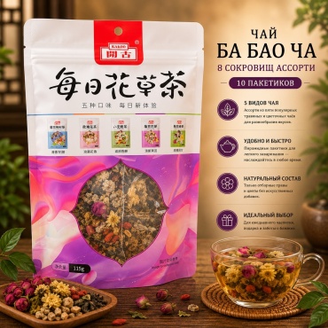 Чай Ба Бао Ча 8 сокровищ ассорти фруктовый, цветочный кусочки фруктов 10 пакетиков