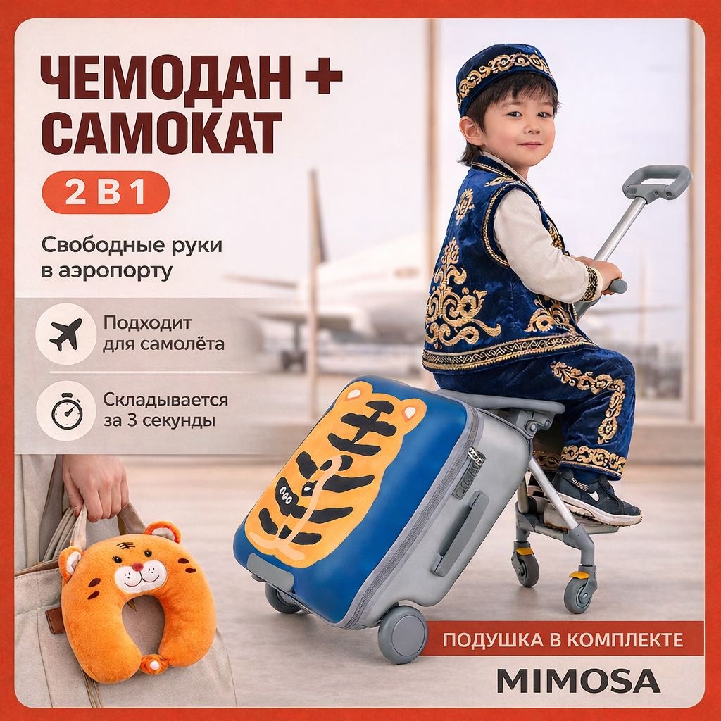 Комплект Mimosa Детский чемодан коляска самокат ручная кладь складной поликарбонат, полипропилен, алюминий 45 л желтый, синий