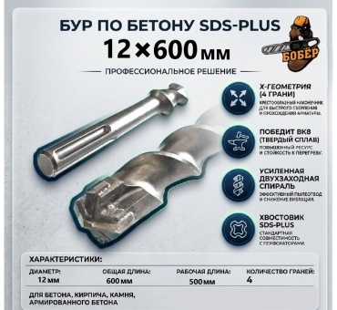 Бур SDS-plus Бобер 6110, 12х600 мм, 1 шт