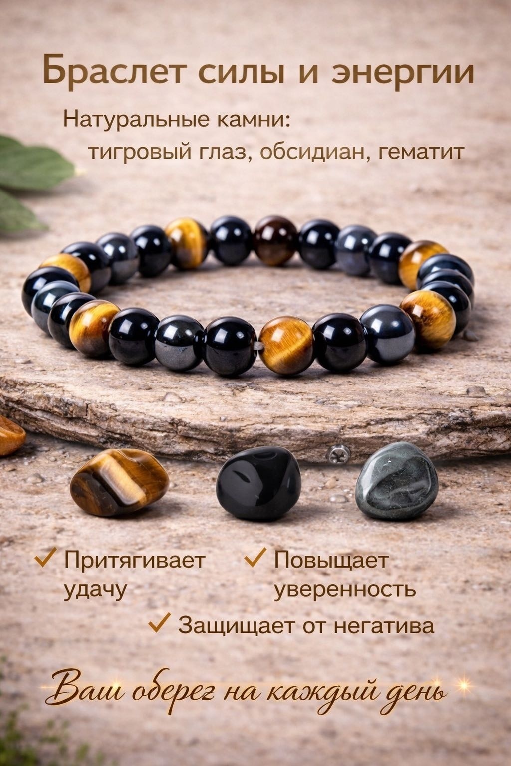 Браслет длина 18 см агат, гематит, тигровый глаз, обсидиан