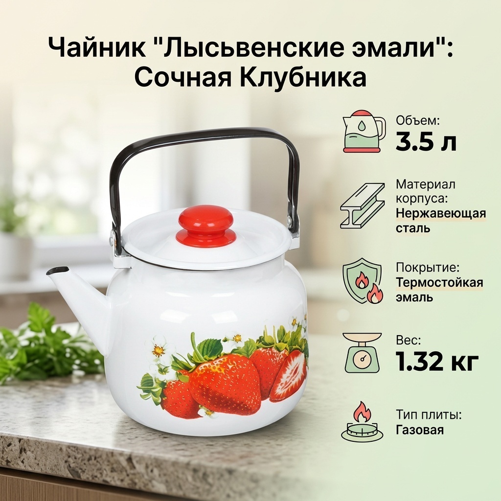 Лысьвенские эмали чайник Сочная клубника С-2713П2/4Рч 3.5 л, нержавеющая сталь