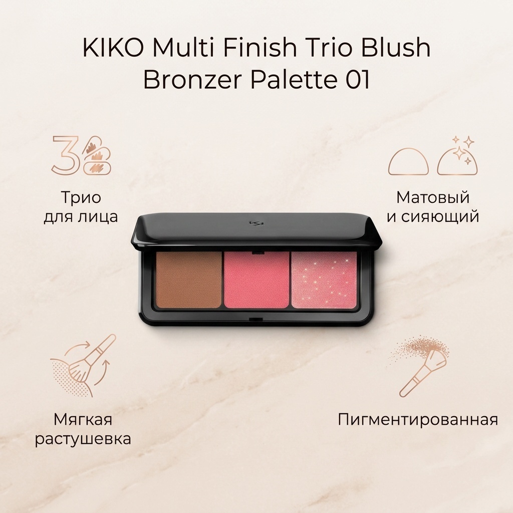 KIKO Multi Finish Trio Blush Bronzer Palette румяна, бронзер 01