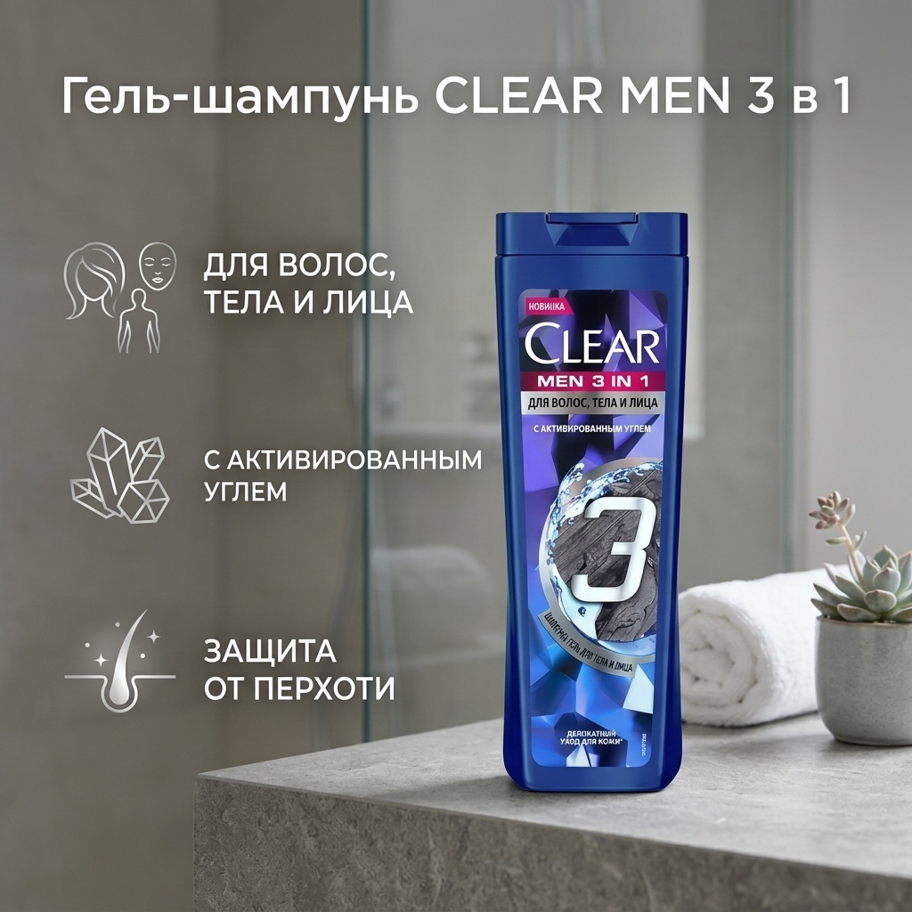 Clear Men 3 в 1 с активированным углем гель-шампунь 380 мл