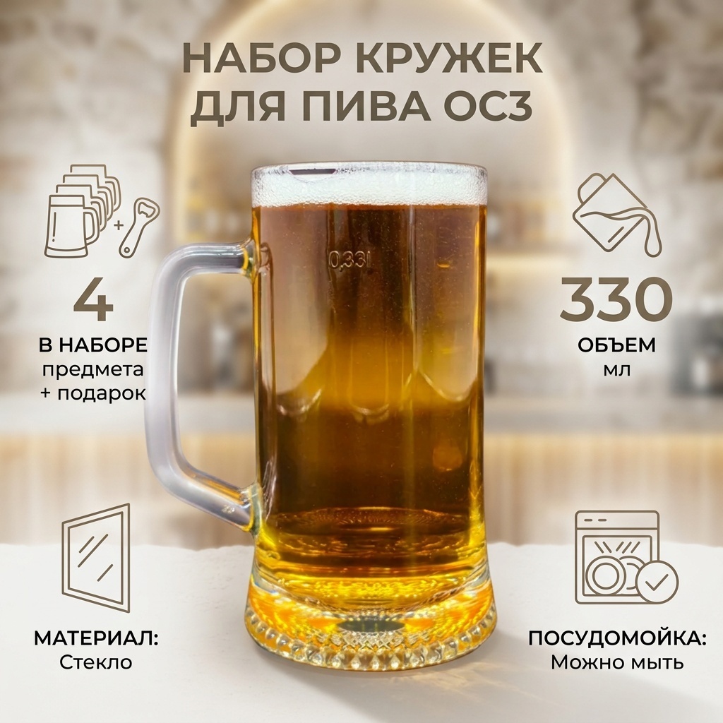 Набор кружек для пива ОСЗ 330 мл, стекло, 4 шт