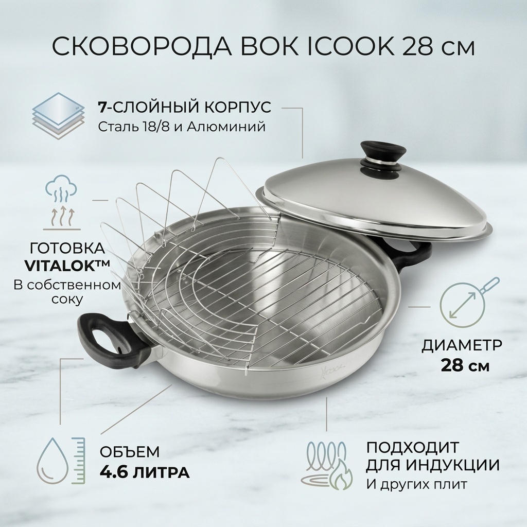 Вок iCook Icook 28 см с антипригарным покрытием, алюминий