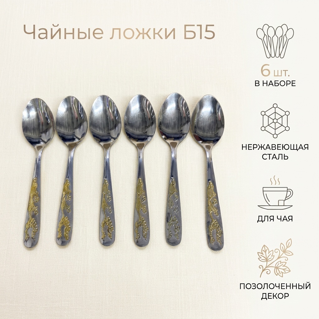 Ложка 6 шт, золотистый, серебристый, мультиколор Б15 чайные ложки