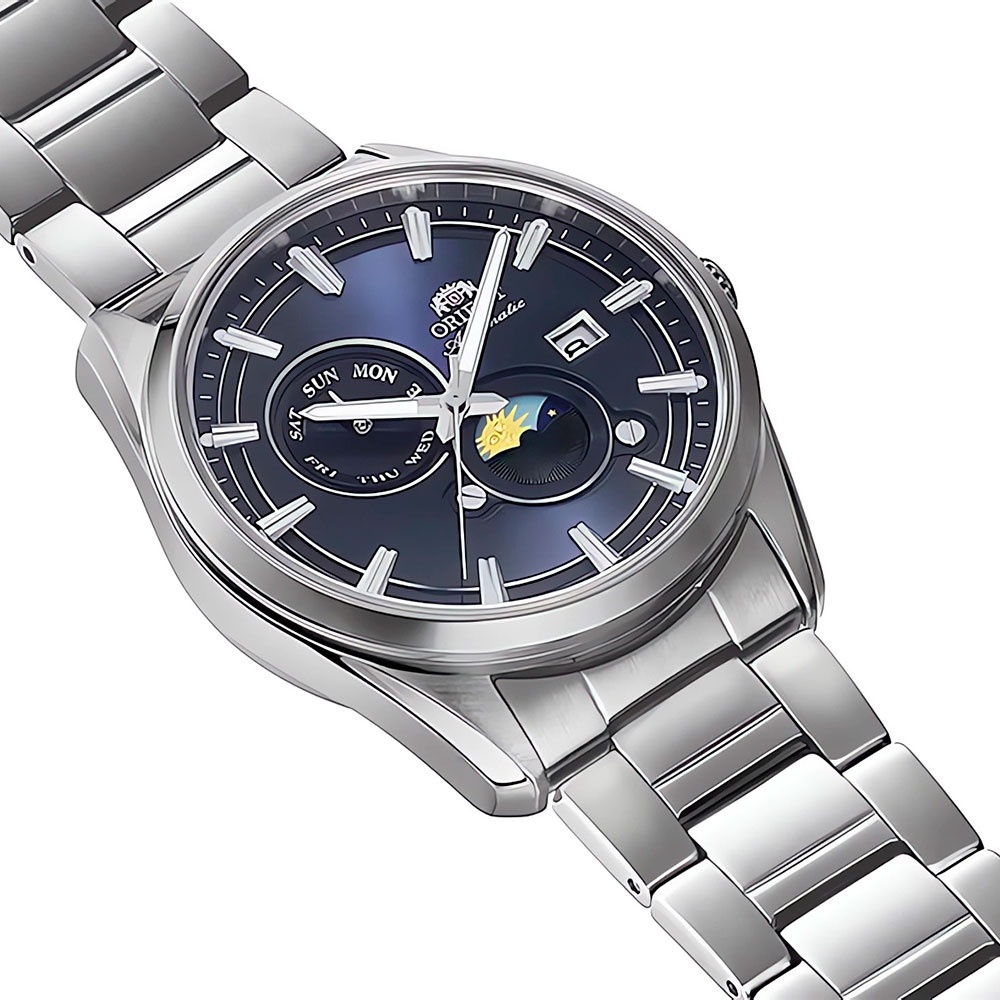 Механические ORIENT Наручные часы UM Orient Sun and Moon с благородным синим оттенком нержавеющая сталь