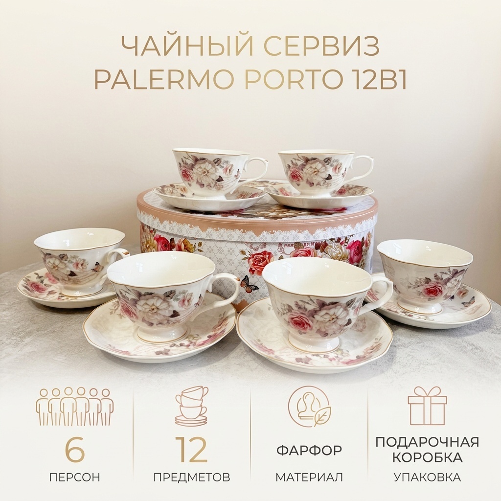 Сервиз на 6 персон Flower, предметов: 12, чайный, фарфор
