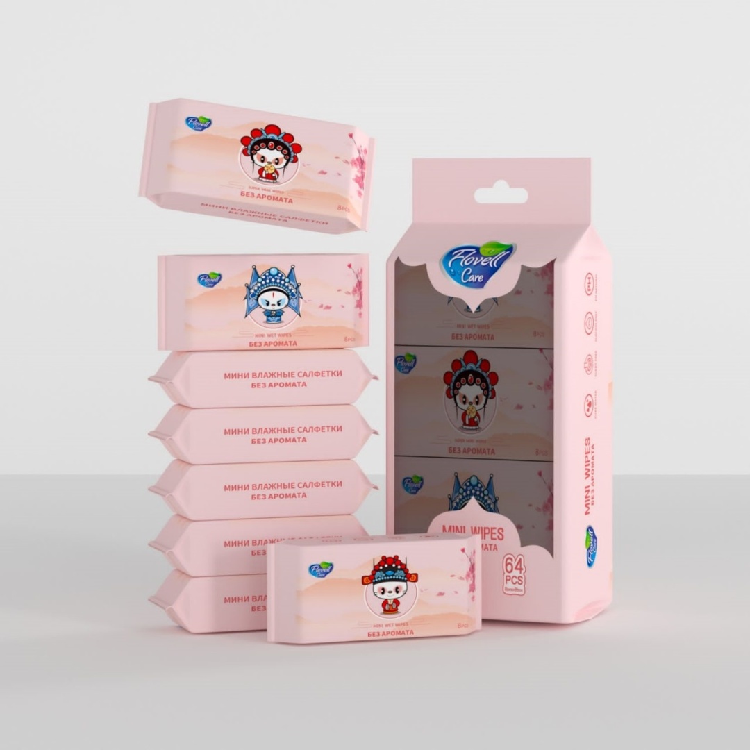 Детские влажные салфетки Flovell Care Mini Wet Wipes 64 шт розовый