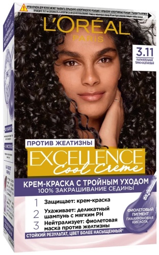 Loreal Paris крем-краска 100% закрашивание седины Cool Cream к012 № 3.11 Ультрапепельный Темно-Каштановый крем-краска 268 мл