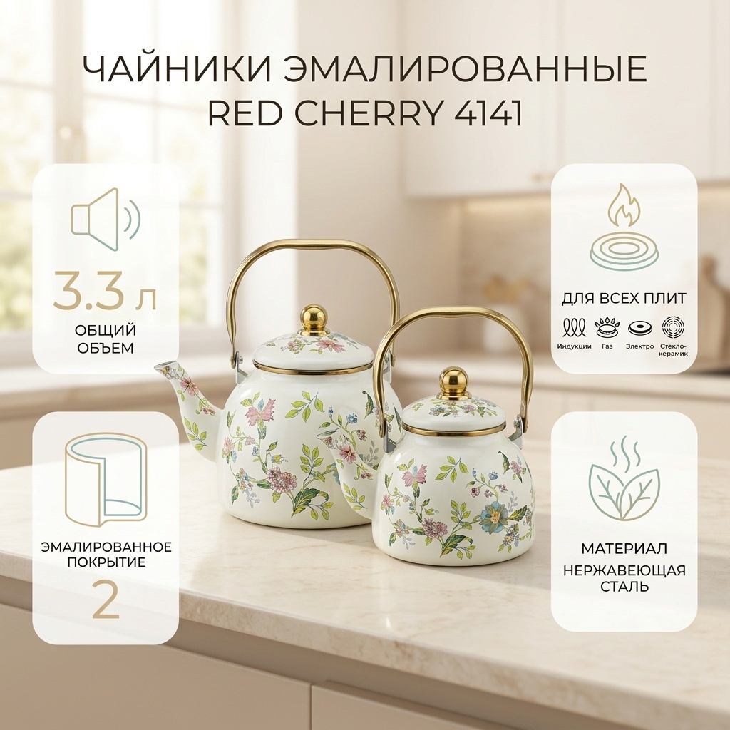 RED CHERRY набор чайников 4141 3.3 л, нержавеющая сталь