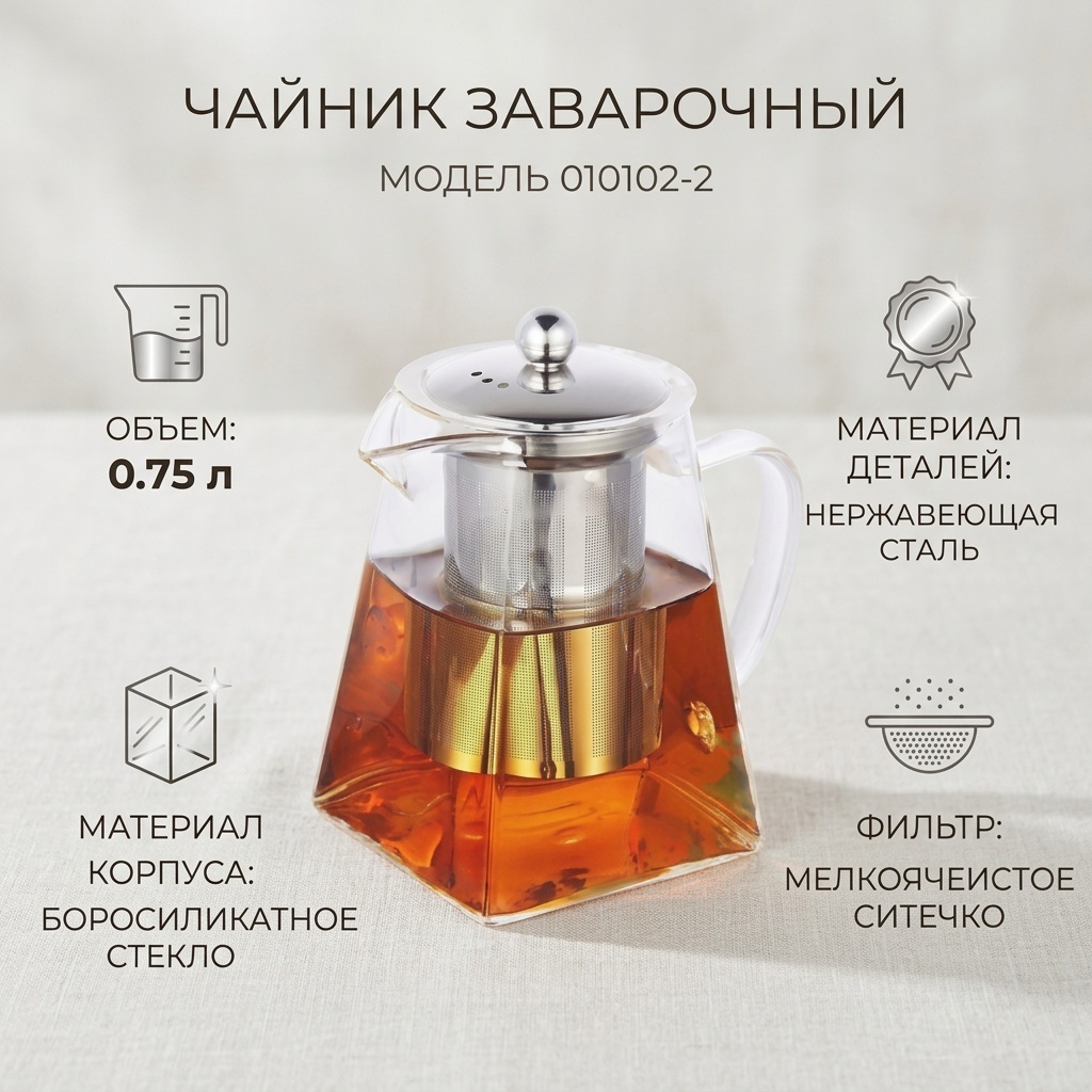 Чайник 010102-2 0.75 л, стекло, металл