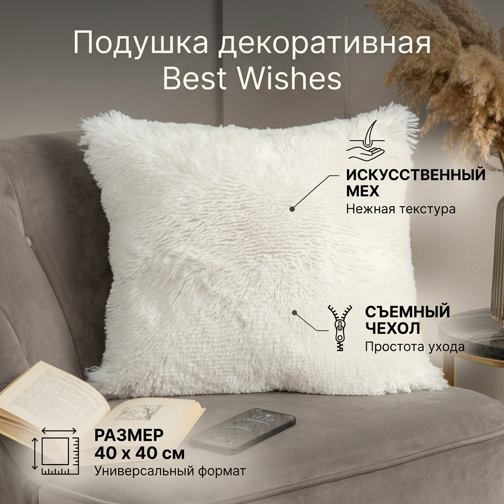 Подушка декоративная Best Wishes 40x40 см, Белый мех