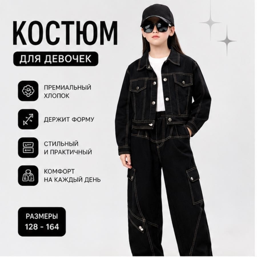 Костюм джинсовый для девочки чёрный куртка джинсовая и джинсы