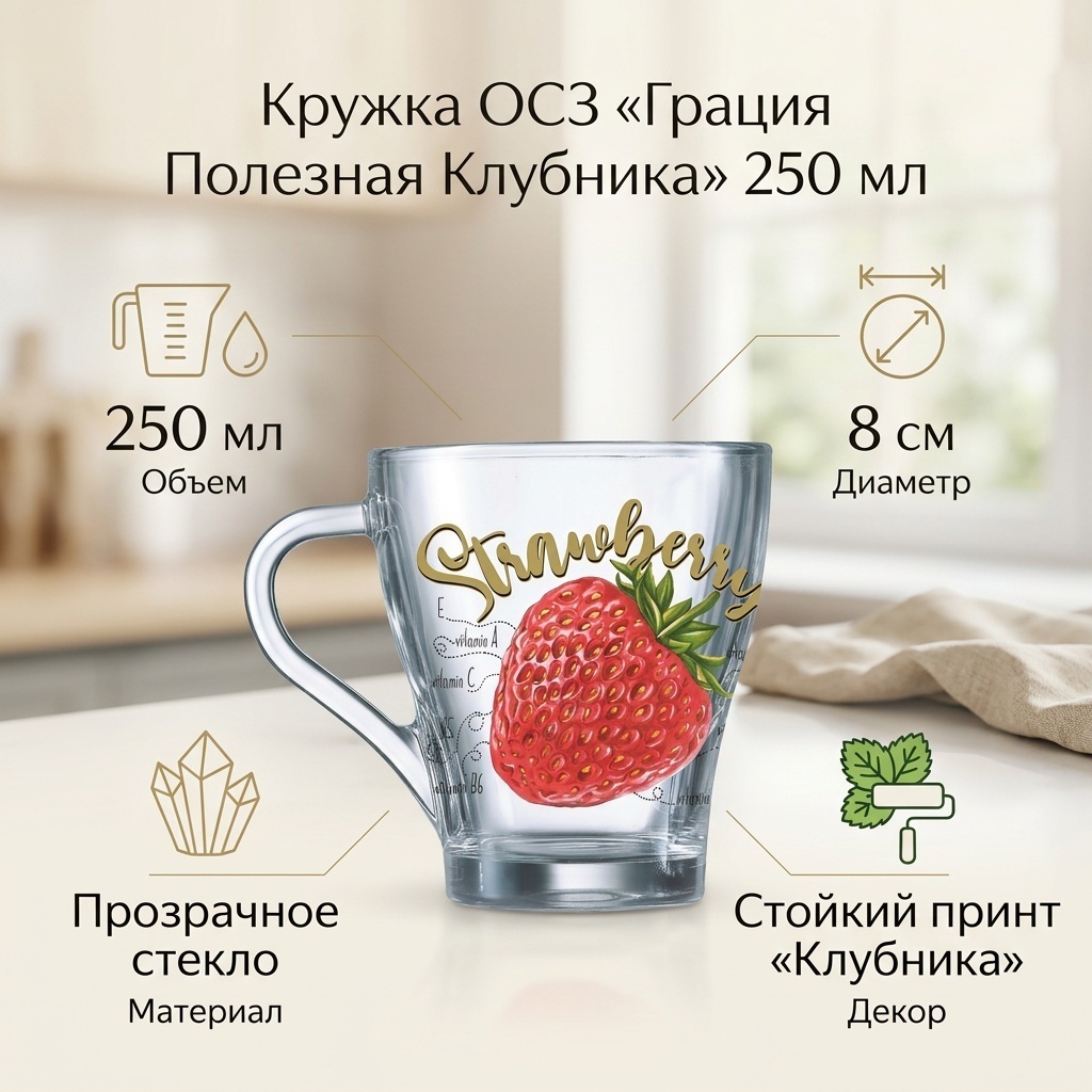 Кружка ОСЗ «Грация Полезная Клубника», 250 мл, стекло, 1 шт.