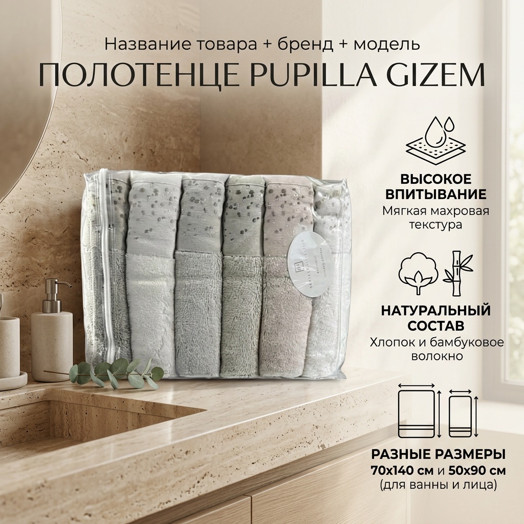 Полотенце Pupilla 140x70 см, хлопок, бамбуковое волокно, 12 шт,