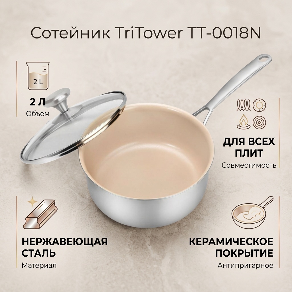 Сотейник 2 л, TriTower TT-0018N нержавеющая сталь