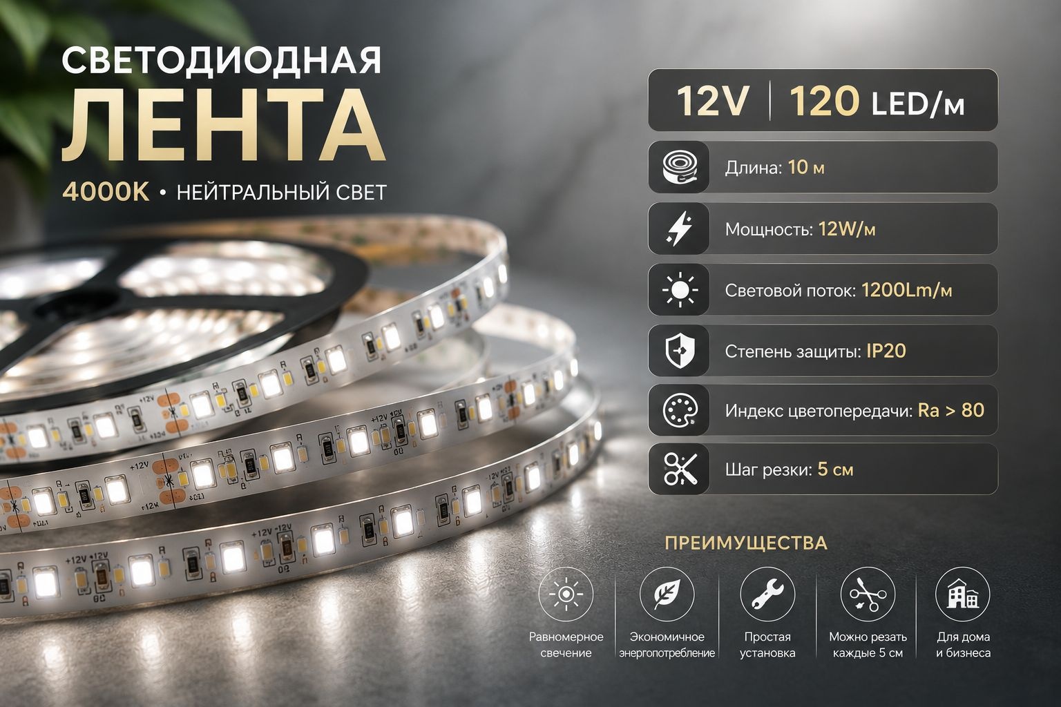 Светодиодная лента Oskar нейтральный белый 10 м