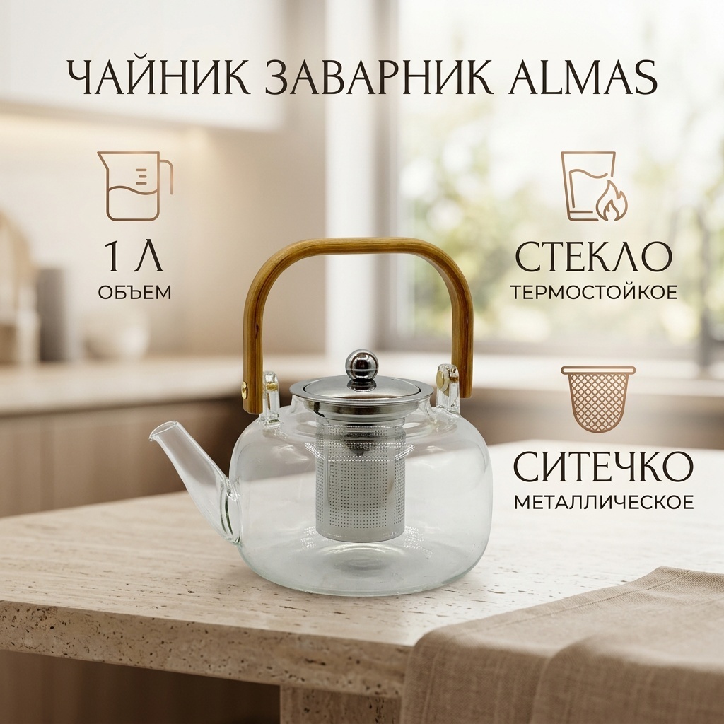 Чайник ALMAS заварник с ситом 15421392_435614184 1 л, стекло