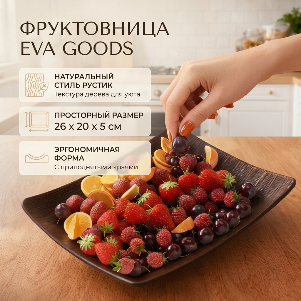 Eva Goods фруктовница стильная, в стиле рустик, в темном цвете, прямоугольная 1 шт