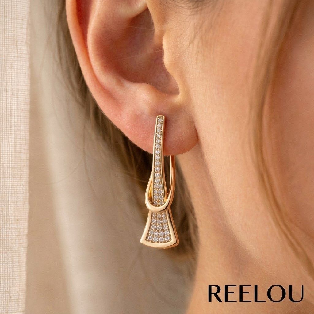Серьги REELOU 014 позолота вес 3.2 г сплав покрытый золотом 24К, фианит