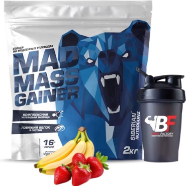 Гейнер Siberian Nutrogunz Mad Mass Gainer клубника банан 2000 г с шейкером Body Factory