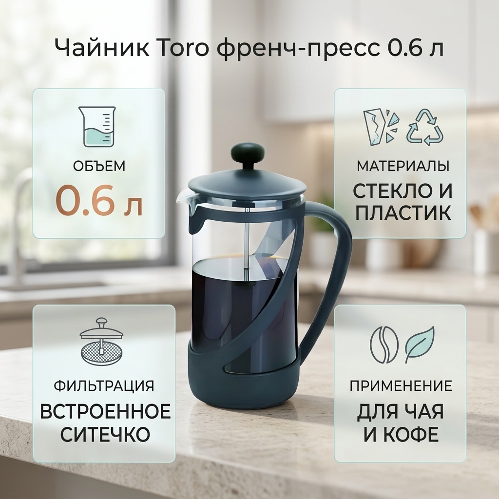Чайник Toro френч-пресс 0.6 л, пластик, стекло