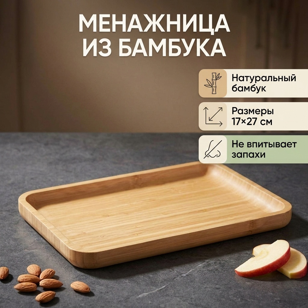 Менажница бамбуковая прямоугольная 17×27 см, 1 шт