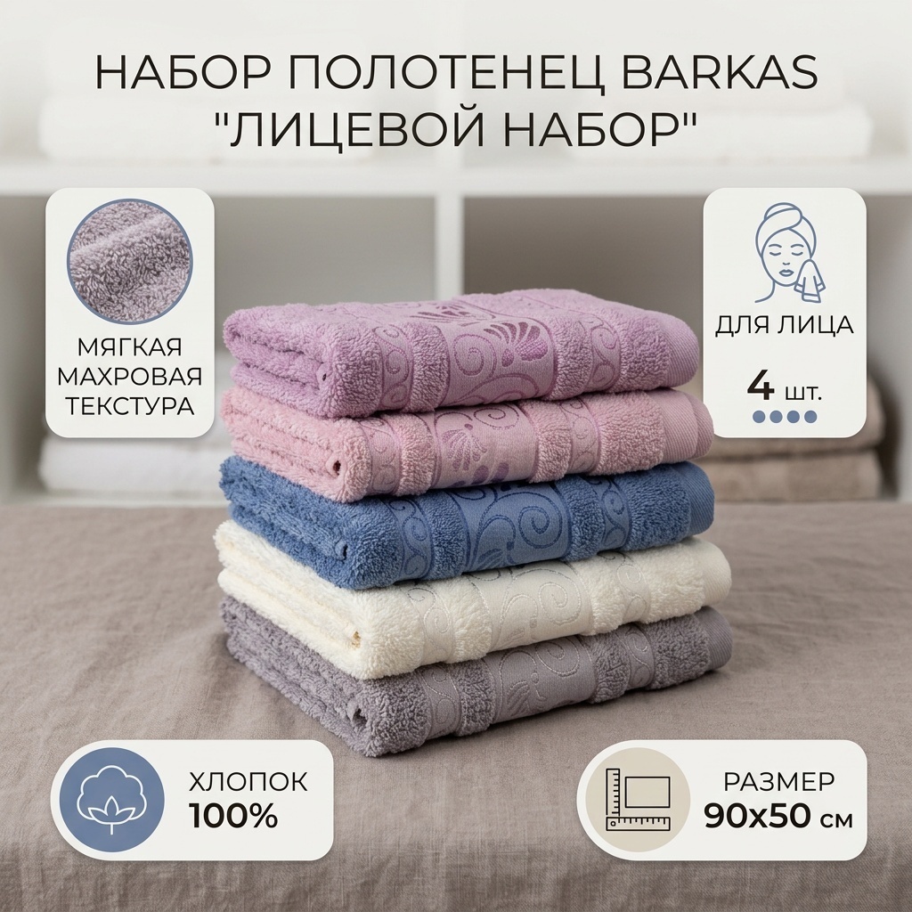 Набор полотенец Barkas 90x50 см, хлопок, 4 шт,