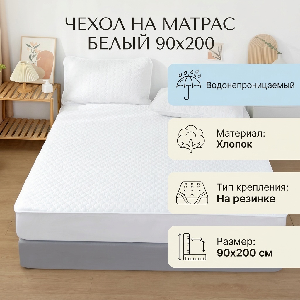 Чехол на матрас на резинке белый 90x200, хлопок